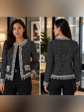 Black & White Tweed Fringe Jacket - Women